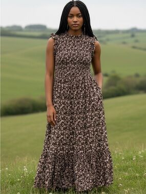 Caroline Constas Tuckernuck Brown Floral Ruffle Maxi Tiered Smocked Dress Medium